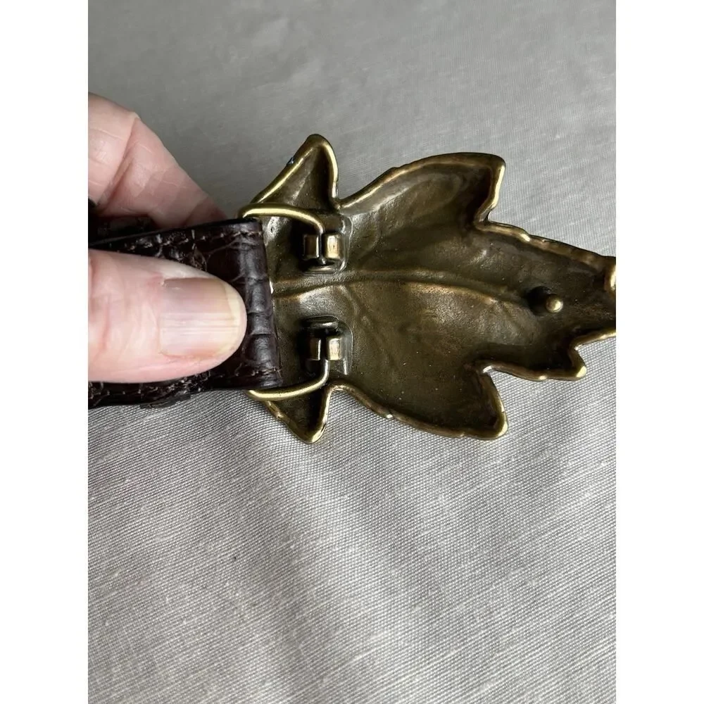 Talbots Brown Croc Embossed Leather Belt Brass Leaf Buckle ITALY Size M 6021